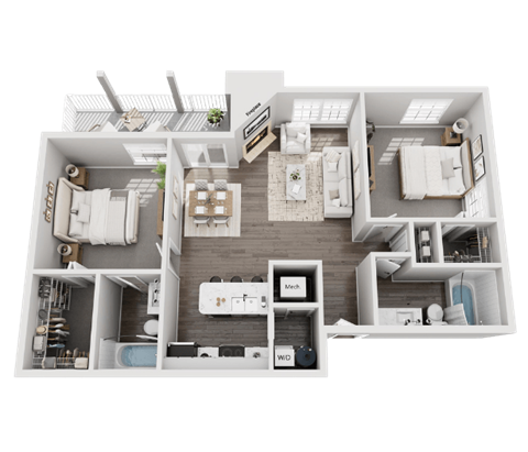 Floor plan for 2 beds, 2 baths, 1050 sqft
