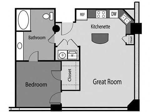 Floor plan for 1 bed, 1 bath, 696 sqft