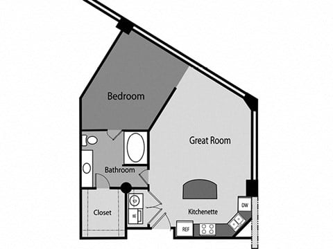 Floor plan for 1 bed, 1 bath, 700 sqft