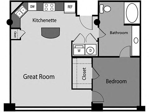 Floor plan for 1 bed, 1 bath, 705 sqft