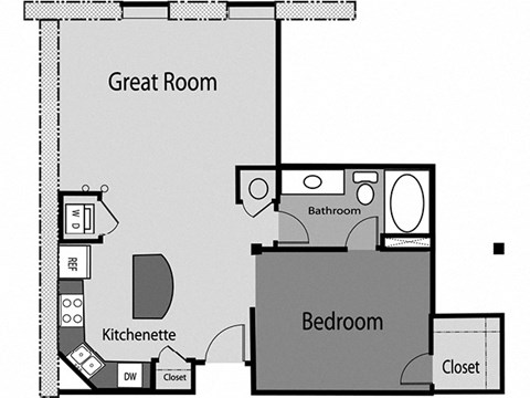 Floor plan for 1 bed, 1 bath, 743 sqft