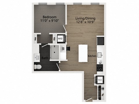 Floor plan for 1 bed, 1 bath, 633 sqft