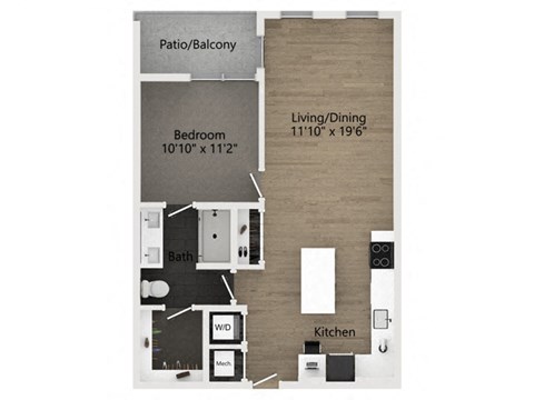 Floor plan for 1 bed, 1 bath, 773 sqft