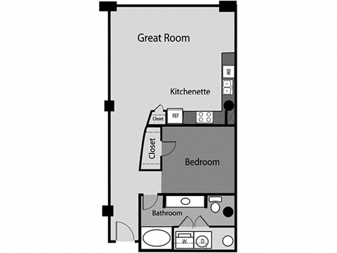 Floor plan for 1 bed, 1 bath, 830 sqft