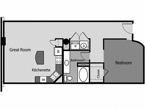 Floor plan for 1 bed, 1 bath, 830 sqft