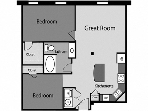 Floor plan for 2 beds, 1 bath, 845 sqft