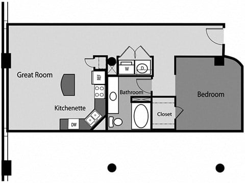 Floor plan for 1 bed, 1 bath, 850 sqft