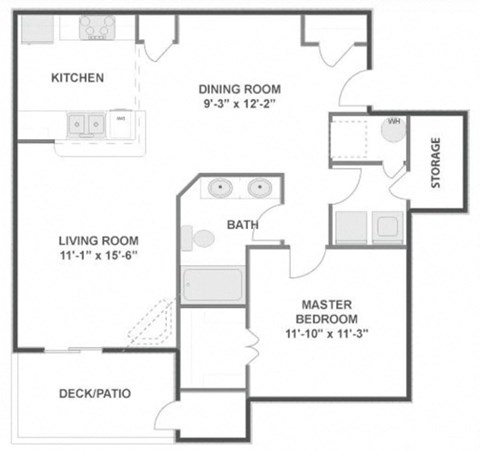 Floor plan for 1 bed, 1 bath, 885 sqft