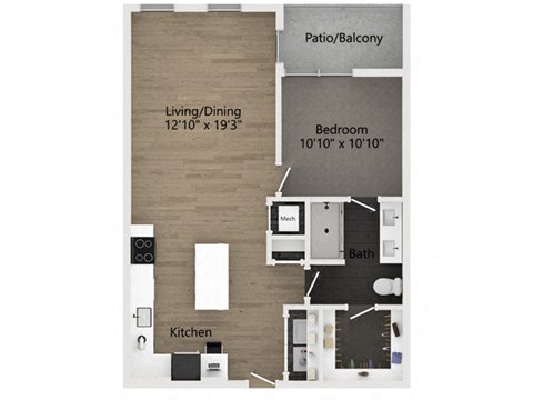 Floor plan for 1 bed, 1 bath, 807 sqft
