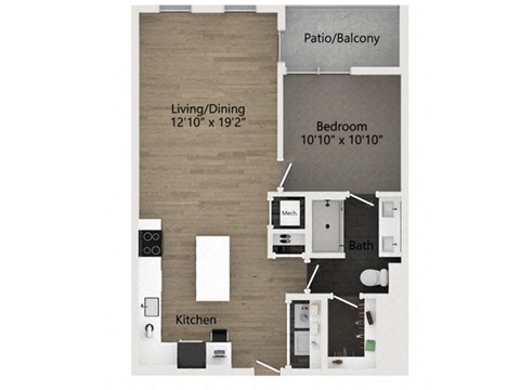 Floor plan for 1 bed, 1 bath, 807 sqft