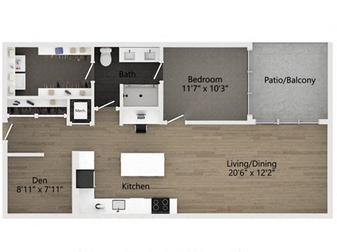 Floor plan for 1 bed, 1 bath, 1030 sqft