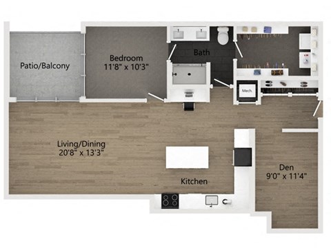 Floor plan for 1 bed, 1 bath, 1126 sqft