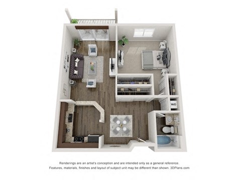Floor plan for 1 bed, 1 bath, 767 sqft