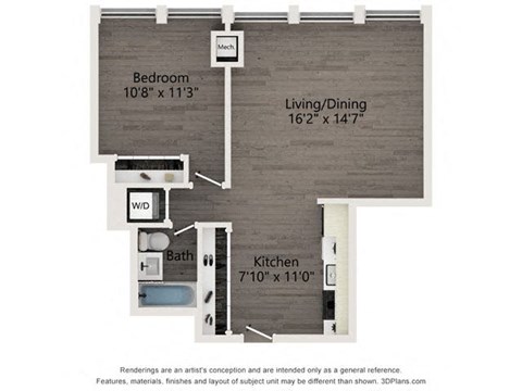 Floor plan for 1 bed, 1 bath, 622 sqft