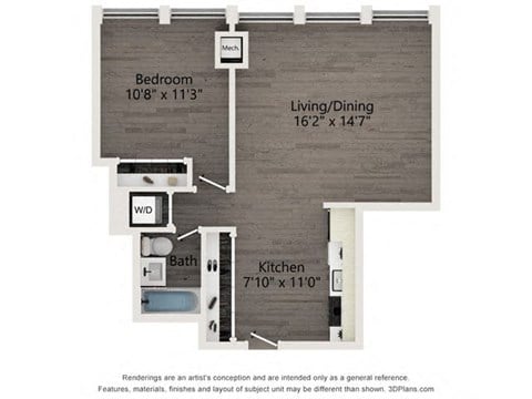 Floor plan for 1 bed, 1 bath, 622 sqft