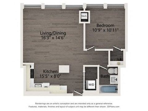 Floor plan for 1 bed, 1 bath, 636 sqft