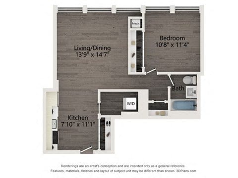Floor plan for 1 bed, 1 bath, 652 sqft