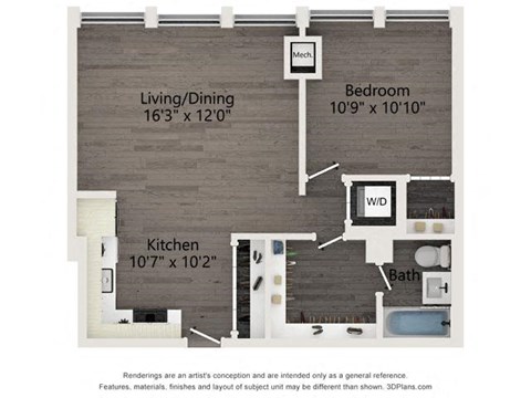 Floor plan for 1 bed, 1 bath, 655 sqft