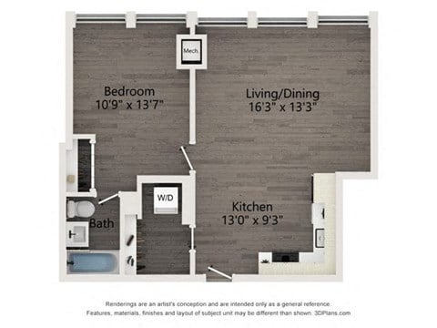 Floor plan for 1 bed, 1 bath, 658 sqft