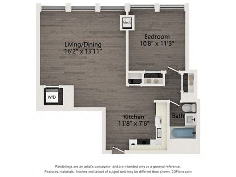 Floor plan for 1 bed, 1 bath, 663 sqft