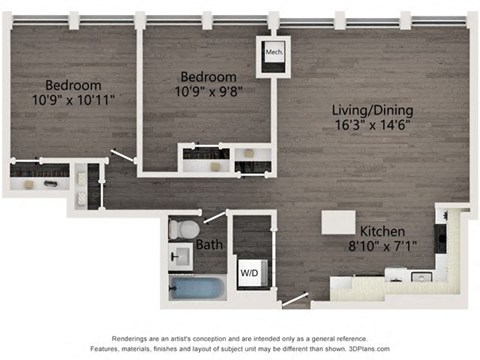 Floor plan for 2 beds, 1 bath, 805 sqft