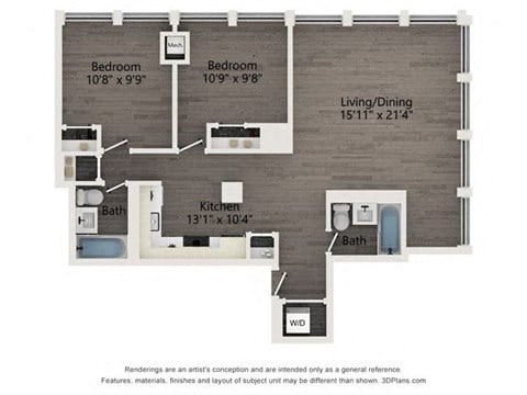 Floor plan for 2 beds, 2 baths, 938 sqft