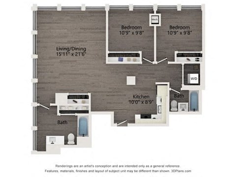 Floor plan for 2 beds, 2 baths, 1105 sqft