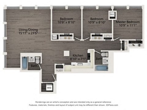 Floor plan for 3 beds, 2 baths, 1107 sqft
