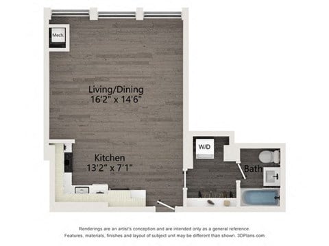 Floor plan for studio, 1 bath