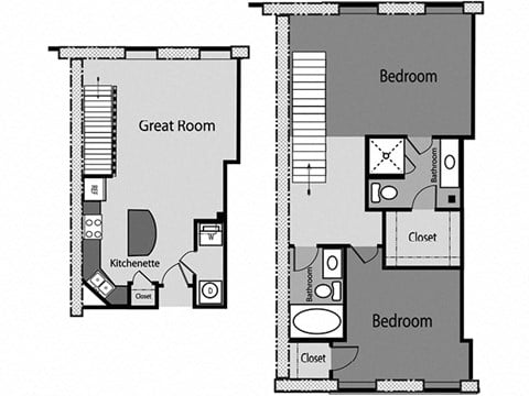 Floor plan for 2 beds, 2 baths, 1047 sqft