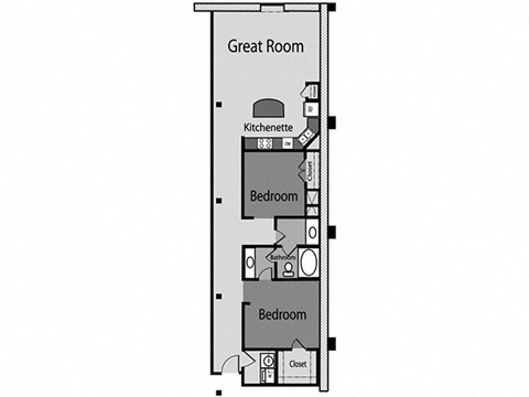 Floor plan for 2 beds, 1 bath, 1140 sqft