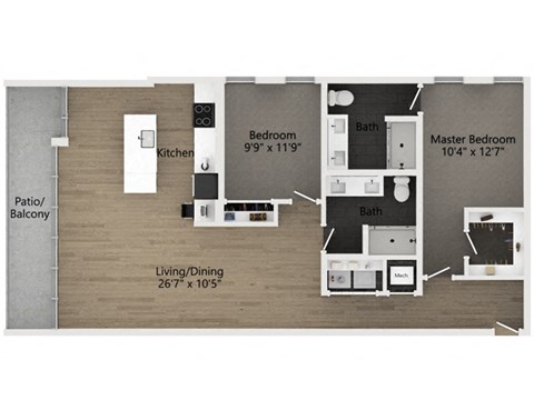 Floor plan for 2 beds, 2 baths, 1309 sqft
