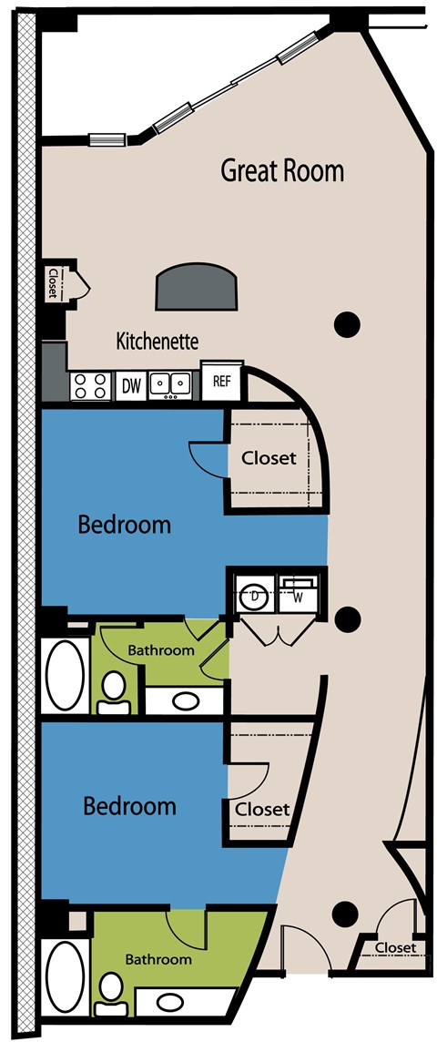 Floor plan for 2 beds, 2 baths, 1570 sqft