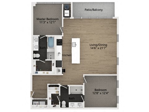 Floor plan for 2 beds, 2 baths, 1335 sqft