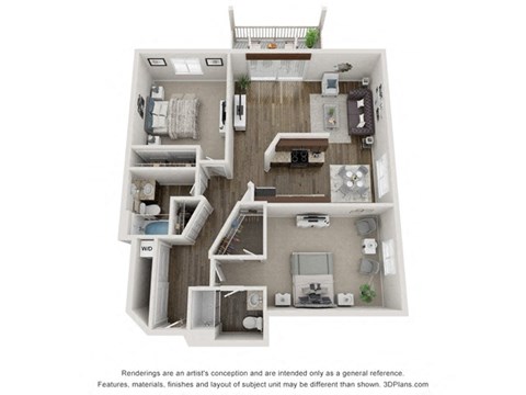 Floor plan for 2 beds, 2 baths, 1044 sqft