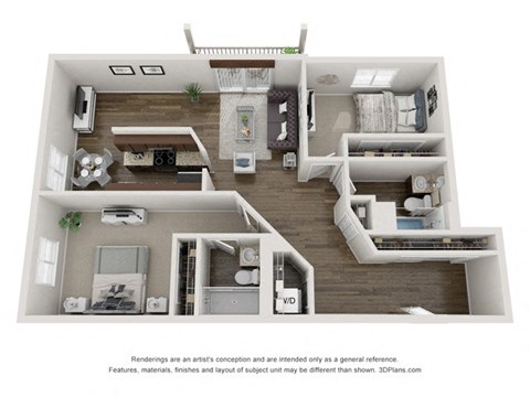 Floor plan for 2 beds, 2 baths, 1036 sqft