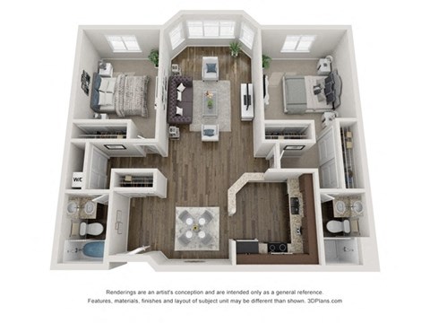 Floor plan for 2 beds, 2 baths, 1024 sqft