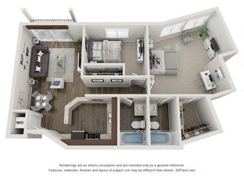 Floor plan for 2 beds, 2 baths, 1245 sqft