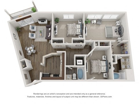 Floor plan for 3 beds, 2 baths, 1311 sqft