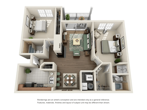 Floor plan for 2 beds, 2 baths, 1079 sqft