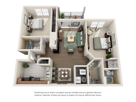 Floor plan for 2 beds, 2 baths, 1079 sqft