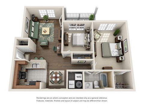 Floor plan for 2 beds, 1 bath, 924 sqft