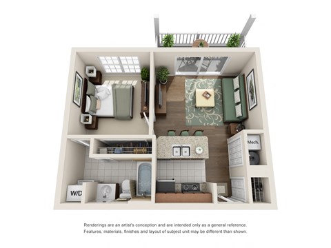 Floor plan for 1 bed, 1 bath, 525 sqft