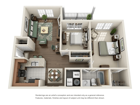 Floor plan for 2 beds, 1 bath, 924 sqft