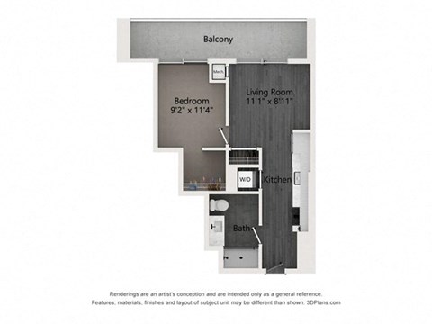 Floor plan for 1 bed, 1 bath, 518 sqft