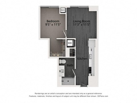 Floor plan for 1 bed, 1 bath, 543 sqft