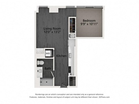 Floor plan for 1 bed, 1 bath, 586 sqft