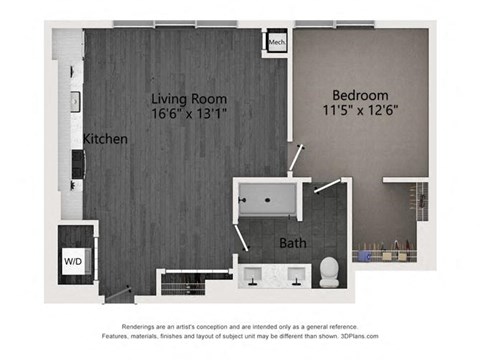 Floor plan for 1 bed, 1 bath, 709 sqft
