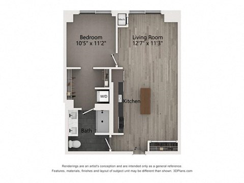 Floor plan for 1 bed, 1 bath, 720 sqft