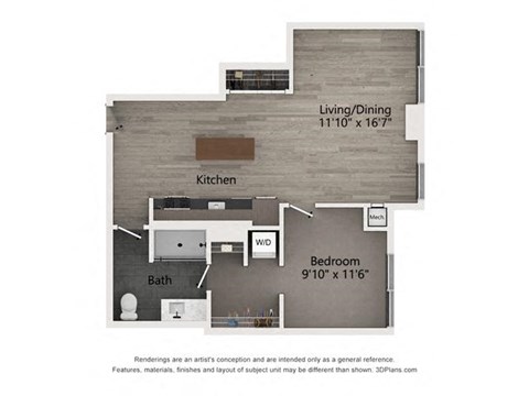 Floor plan for 1 bed, 1 bath, 768 sqft